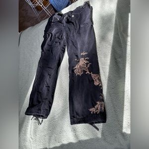 Black fine wale corduroy embroidered pants